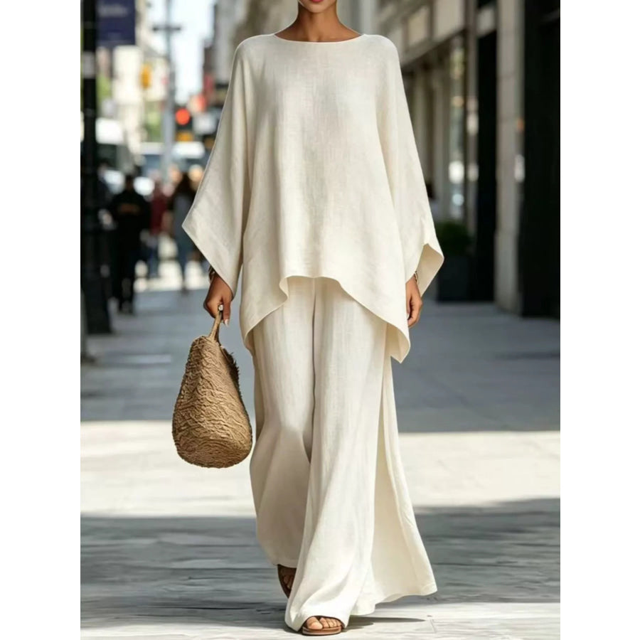 Full Size Batwing Sleeve Top and Wide-Leg Pants Set Plus White / S Apparel Accessories