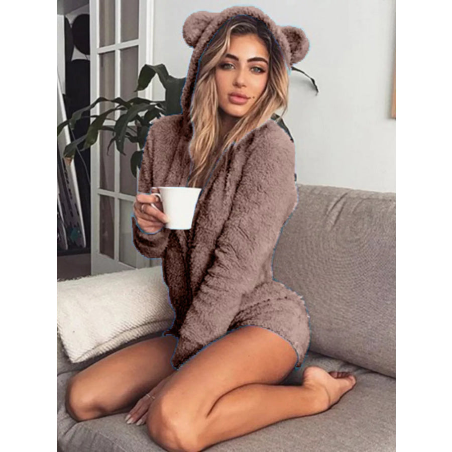 Full Size Bear Ear Hooded Fleece Lounge Romper Plus Dusty Pink / S Apparel and Accessories