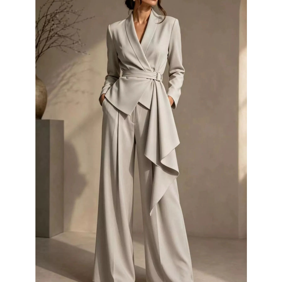 Full Size Belted Blazer and Wide-Leg Pants Set Plus Size Apparel and Accessories