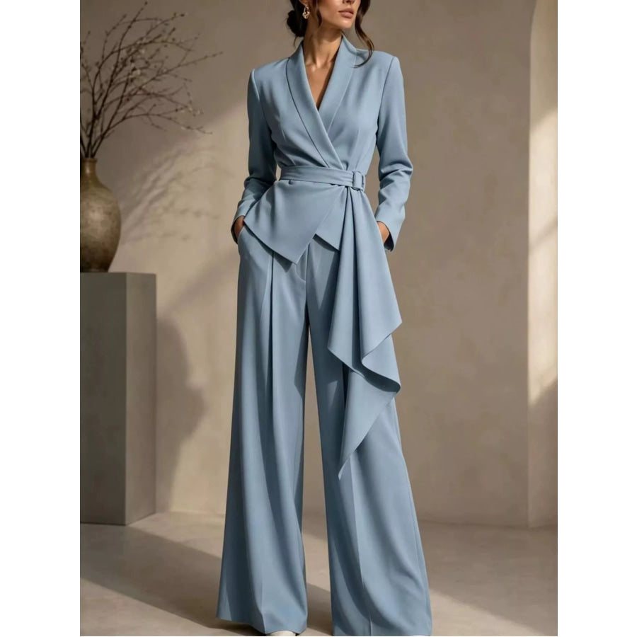 Full Size Belted Blazer and Wide-Leg Pants Set Plus Size Apparel and Accessories