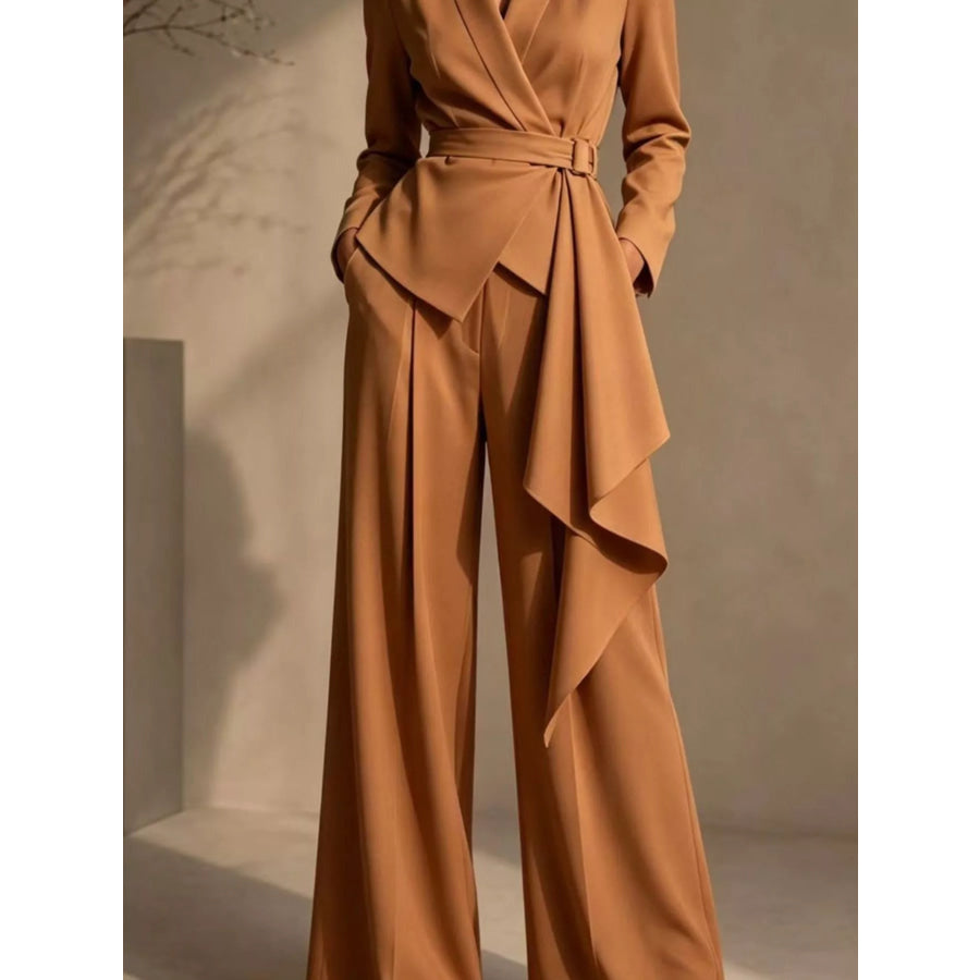 Full Size Belted Blazer and Wide-Leg Pants Set Plus Size Apparel and Accessories