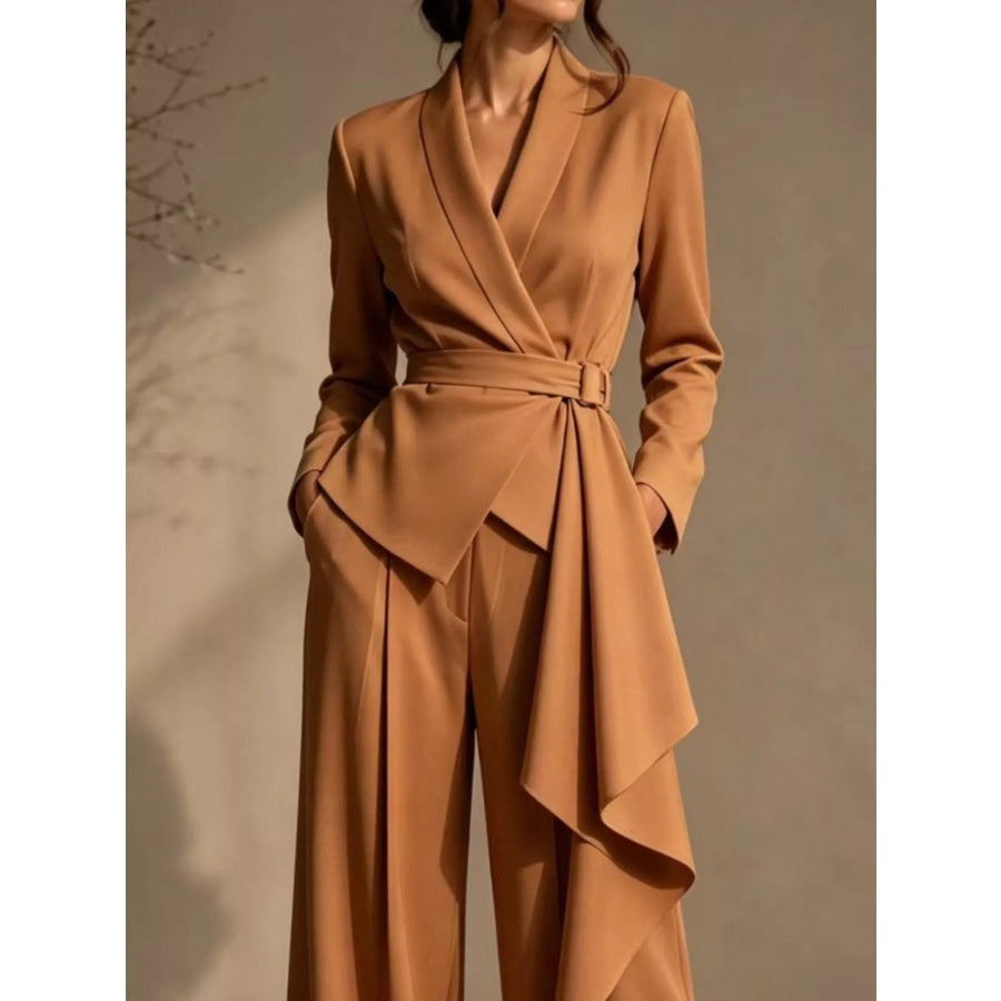 Full Size Belted Blazer and Wide-Leg Pants Set Plus Size Apparel and Accessories