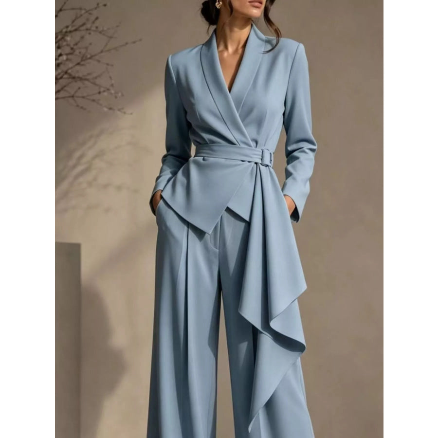 Full Size Belted Blazer and Wide-Leg Pants Set Plus Size Apparel and Accessories