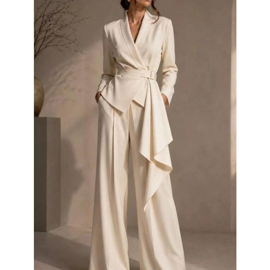 Full Size Belted Blazer and Wide-Leg Pants Set Plus Size Beige / S Apparel and Accessories