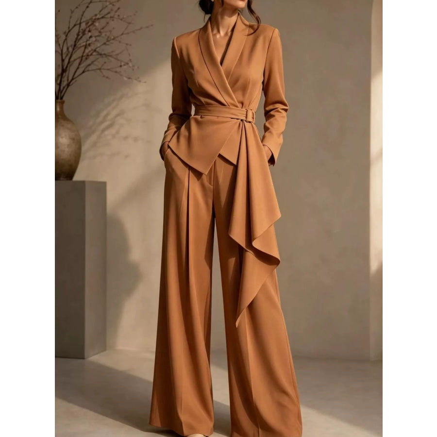 Full Size Belted Blazer and Wide-Leg Pants Set Plus Size Caramel / S Apparel and Accessories