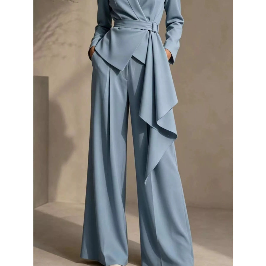 Full Size Belted Blazer and Wide-Leg Pants Set Plus Size Light Blue / S Apparel and Accessories