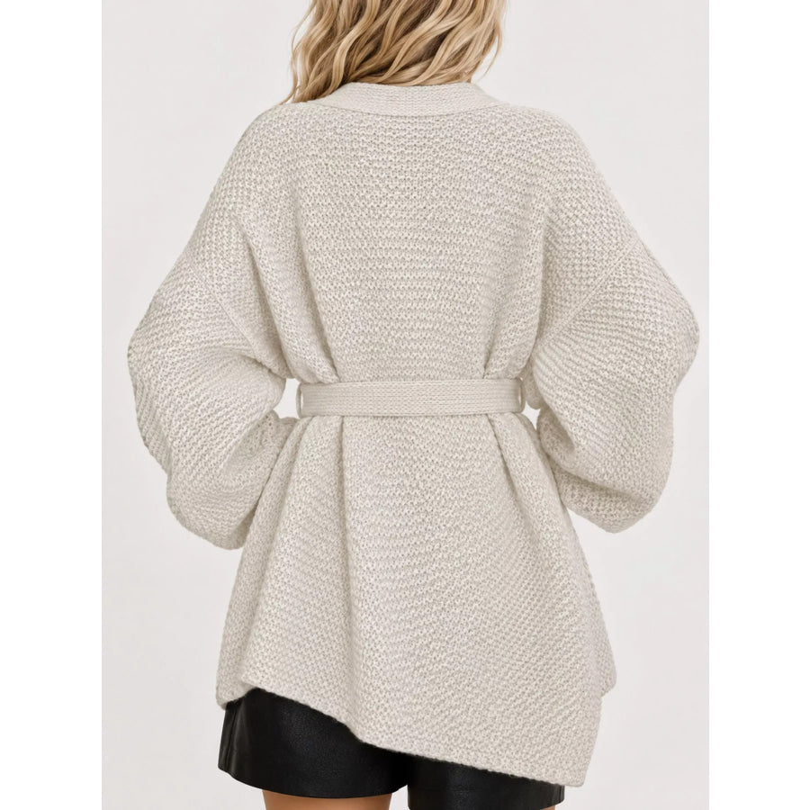 Full Size Belted Open-Front Knit Cardigan Plus Apparel and Accessories
