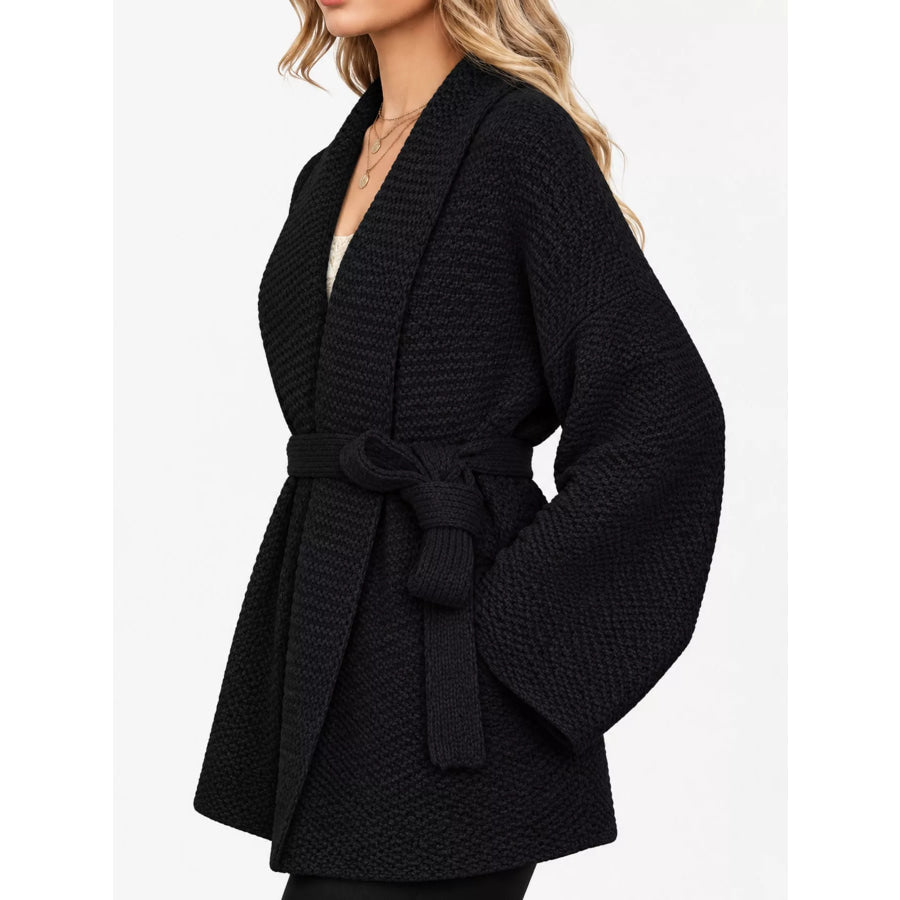 Full Size Belted Open-Front Knit Cardigan Plus Apparel and Accessories