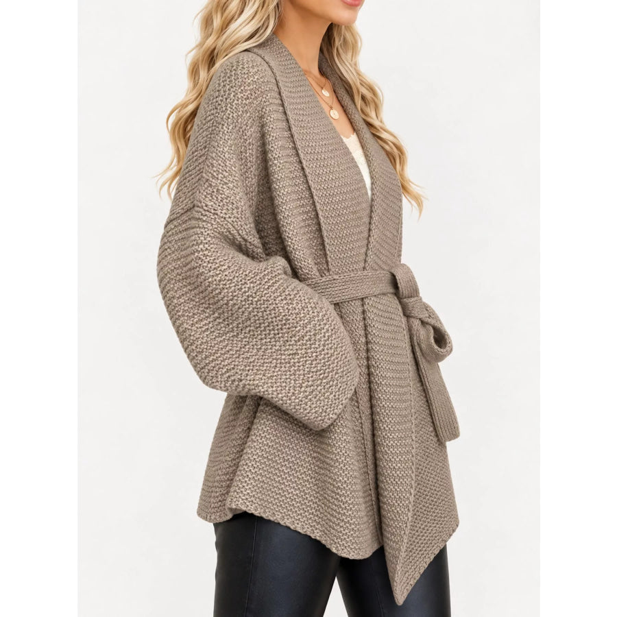 Full Size Belted Open-Front Knit Cardigan Plus Apparel and Accessories