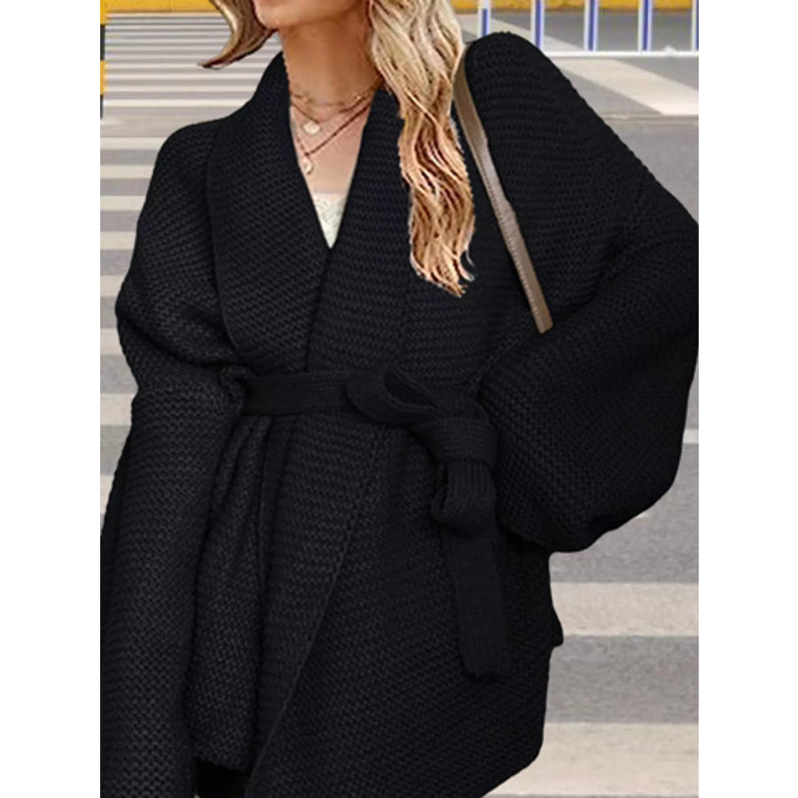 Full Size Belted Open-Front Knit Cardigan Plus Black / S Apparel and Accessories