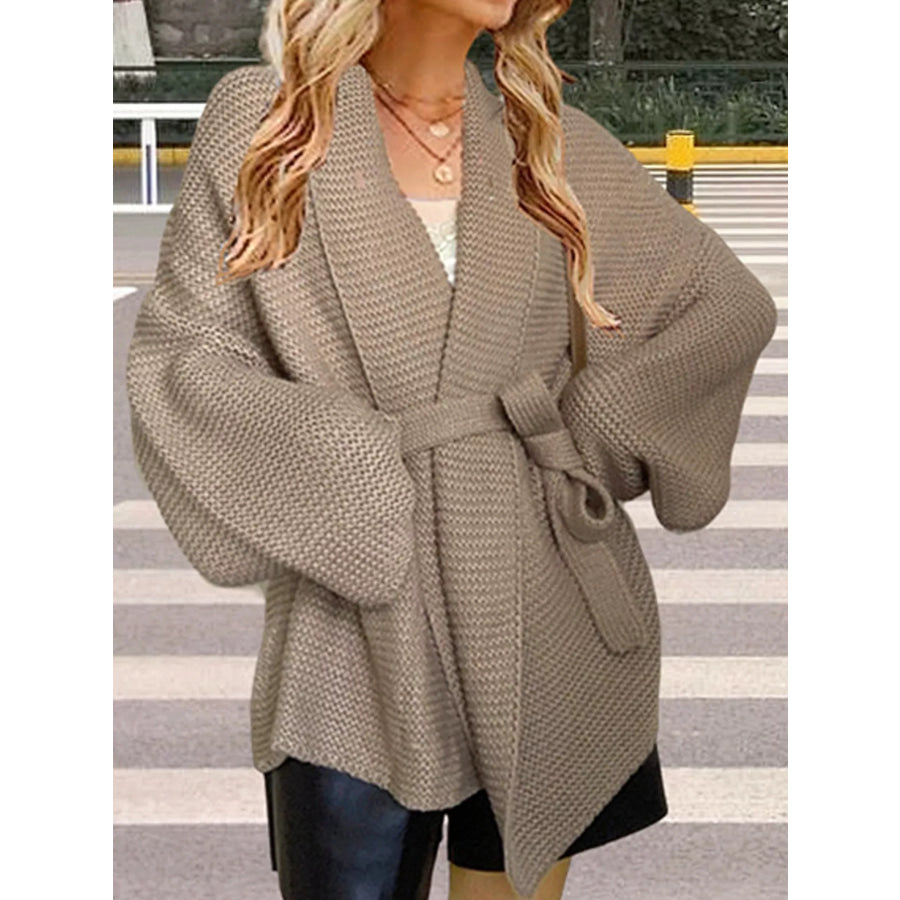 Full Size Belted Open-Front Knit Cardigan Plus Khaki / S Apparel and Accessories