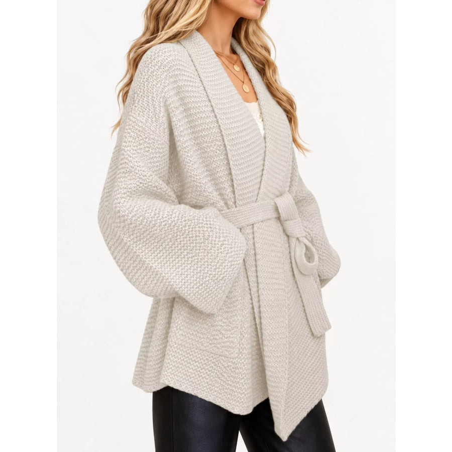 Full Size Belted Open-Front Knit Cardigan Plus Off White / S Apparel and Accessories