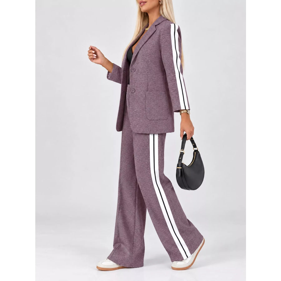 Full Size Blazer and Wide-Leg Trouser Set with Side Stripe Detail Plus Apparel Accessories