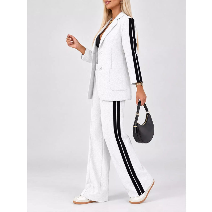 Full Size Blazer and Wide-Leg Trouser Set with Side Stripe Detail Plus Apparel Accessories
