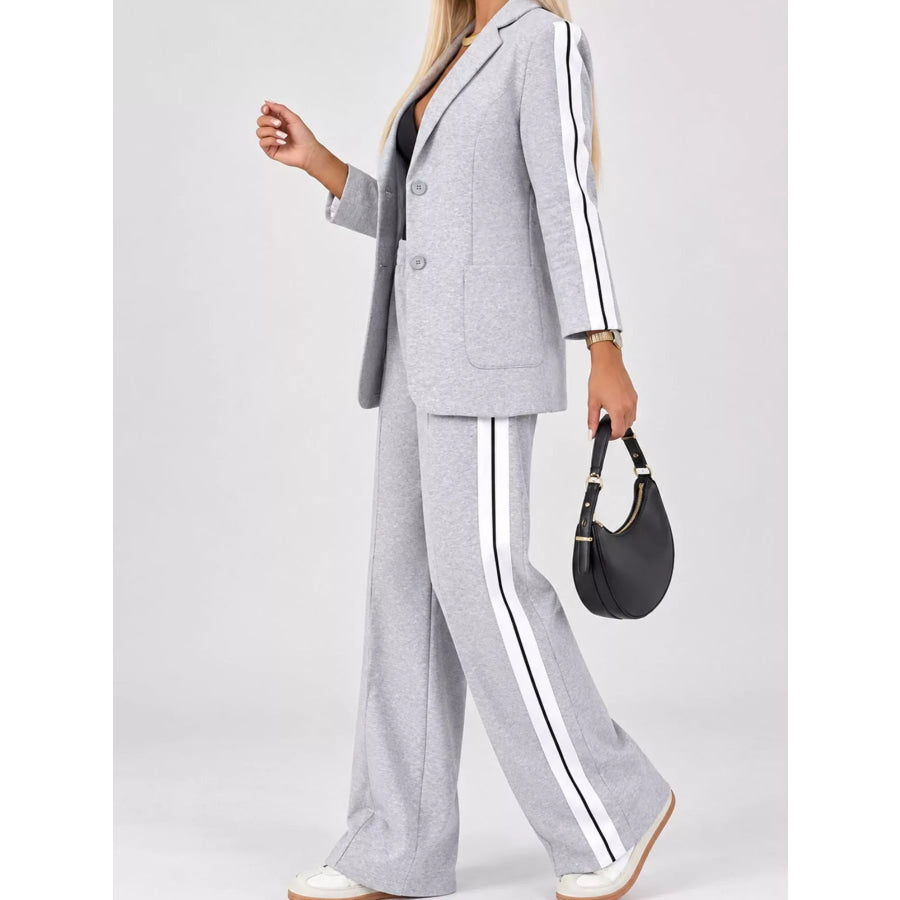 Full Size Blazer and Wide-Leg Trouser Set with Side Stripe Detail Plus Apparel Accessories