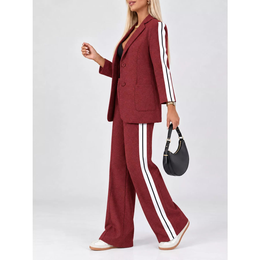 Full Size Blazer and Wide-Leg Trouser Set with Side Stripe Detail Plus Apparel Accessories