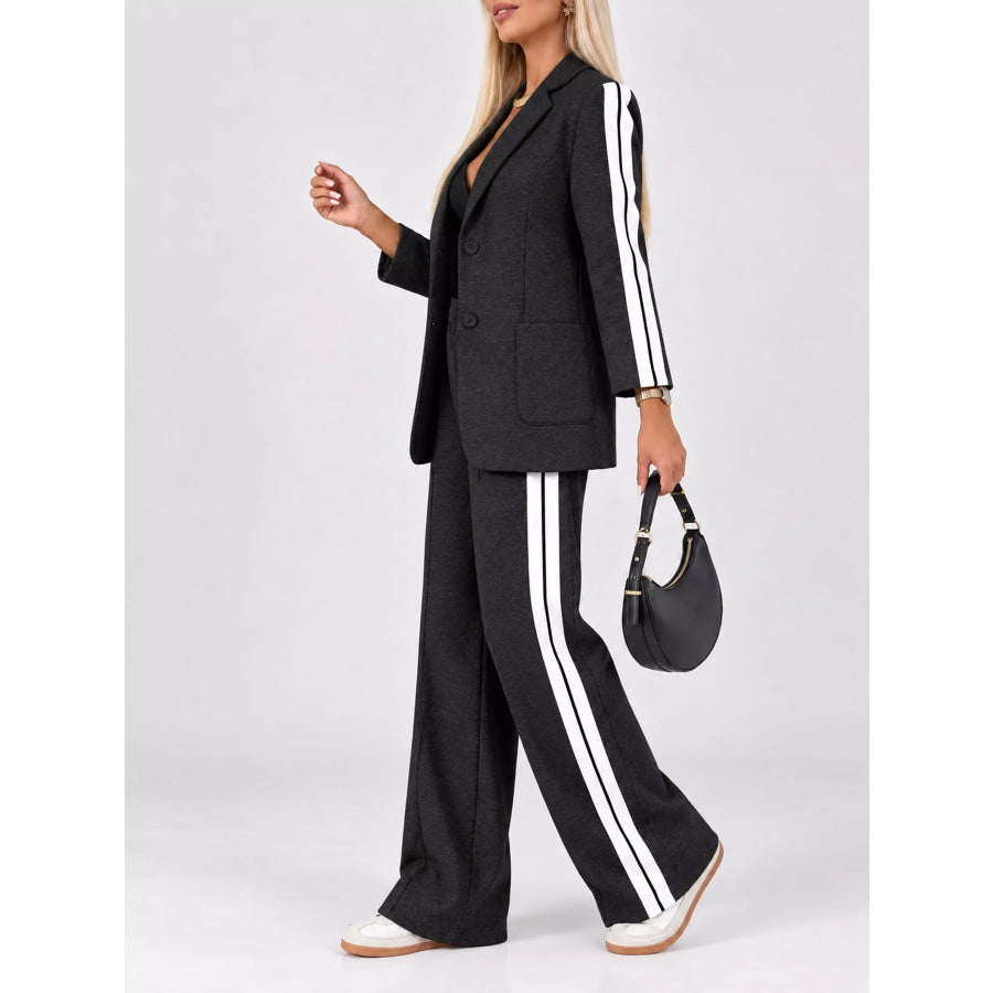 Full Size Blazer and Wide-Leg Trouser Set with Side Stripe Detail Plus Apparel Accessories