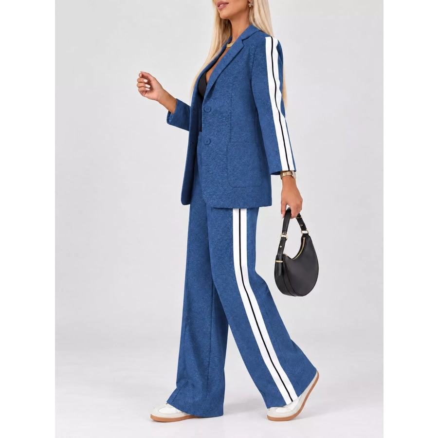 Full Size Blazer and Wide-Leg Trouser Set with Side Stripe Detail Plus Apparel Accessories