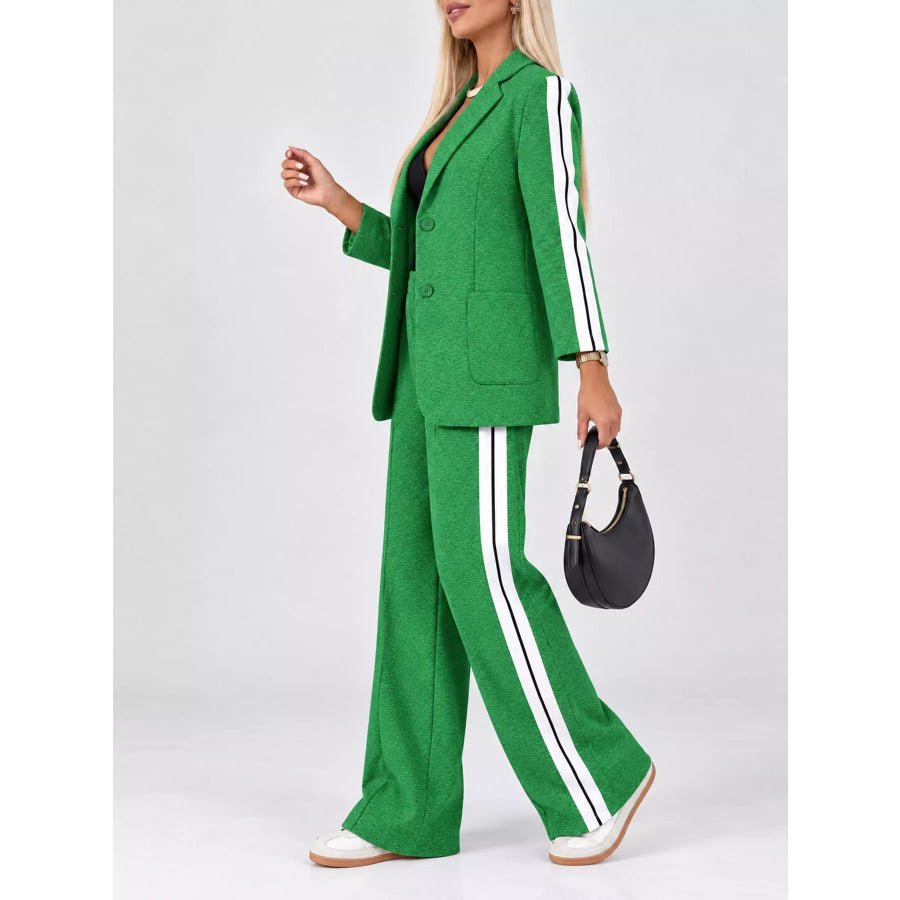 Full Size Blazer and Wide-Leg Trouser Set with Side Stripe Detail Plus Apparel Accessories