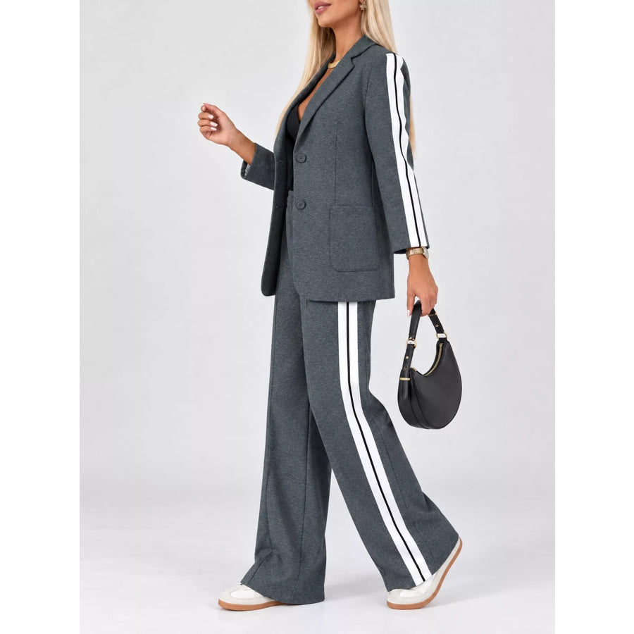 Full Size Blazer and Wide-Leg Trouser Set with Side Stripe Detail Plus Apparel Accessories