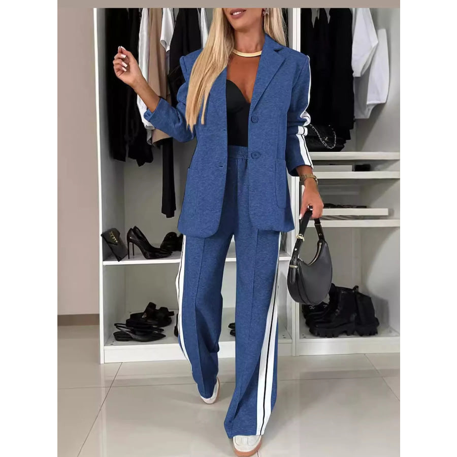Full Size Blazer and Wide-Leg Trouser Set with Side Stripe Detail Plus Blue / S Apparel Accessories