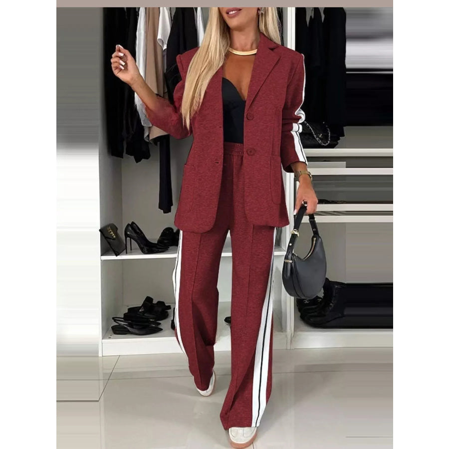 Full Size Blazer and Wide-Leg Trouser Set with Side Stripe Detail Plus Burgundy / S Apparel Accessories