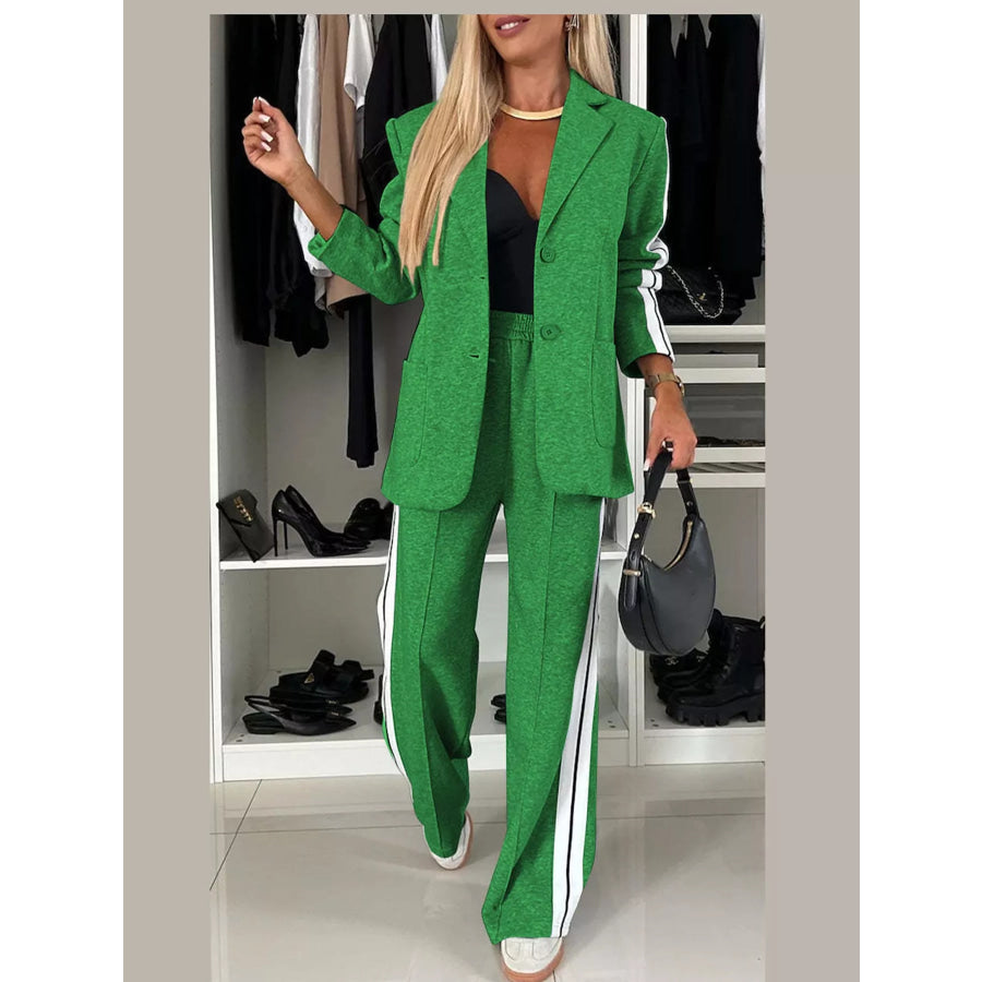 Full Size Blazer and Wide-Leg Trouser Set with Side Stripe Detail Plus Green / S Apparel Accessories