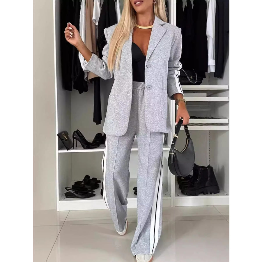 Full Size Blazer and Wide-Leg Trouser Set with Side Stripe Detail Plus Light Gray / S Apparel Accessories