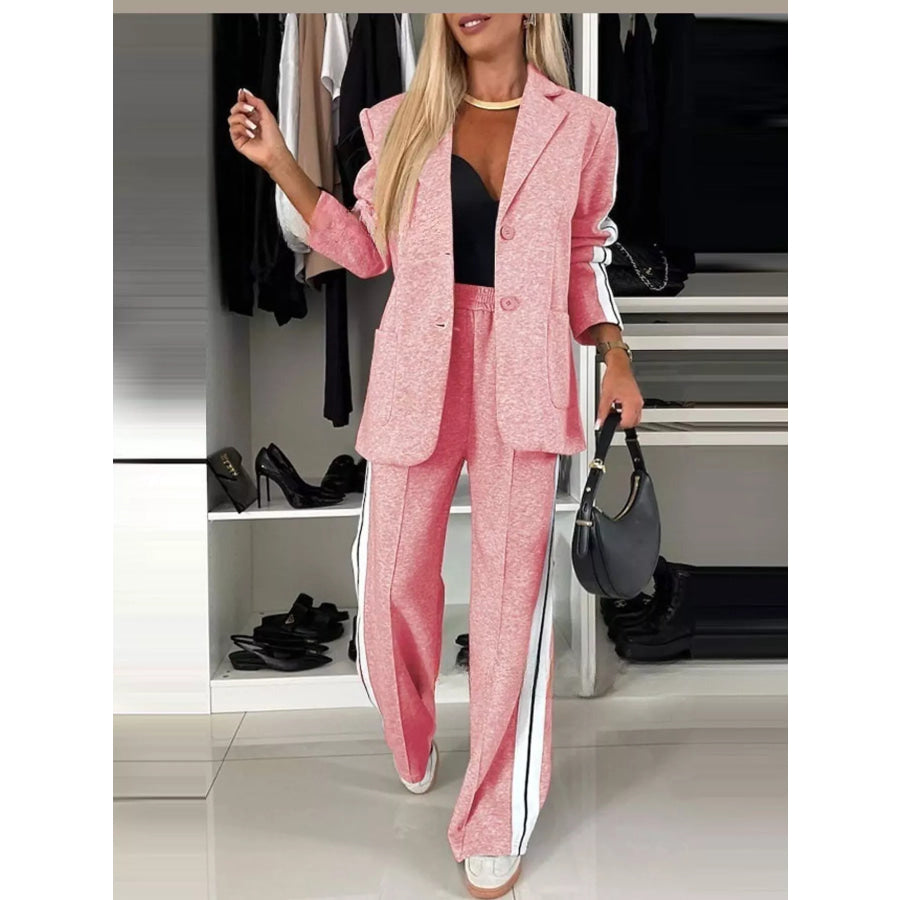 Full Size Blazer and Wide-Leg Trouser Set with Side Stripe Detail Plus Pink / S Apparel Accessories
