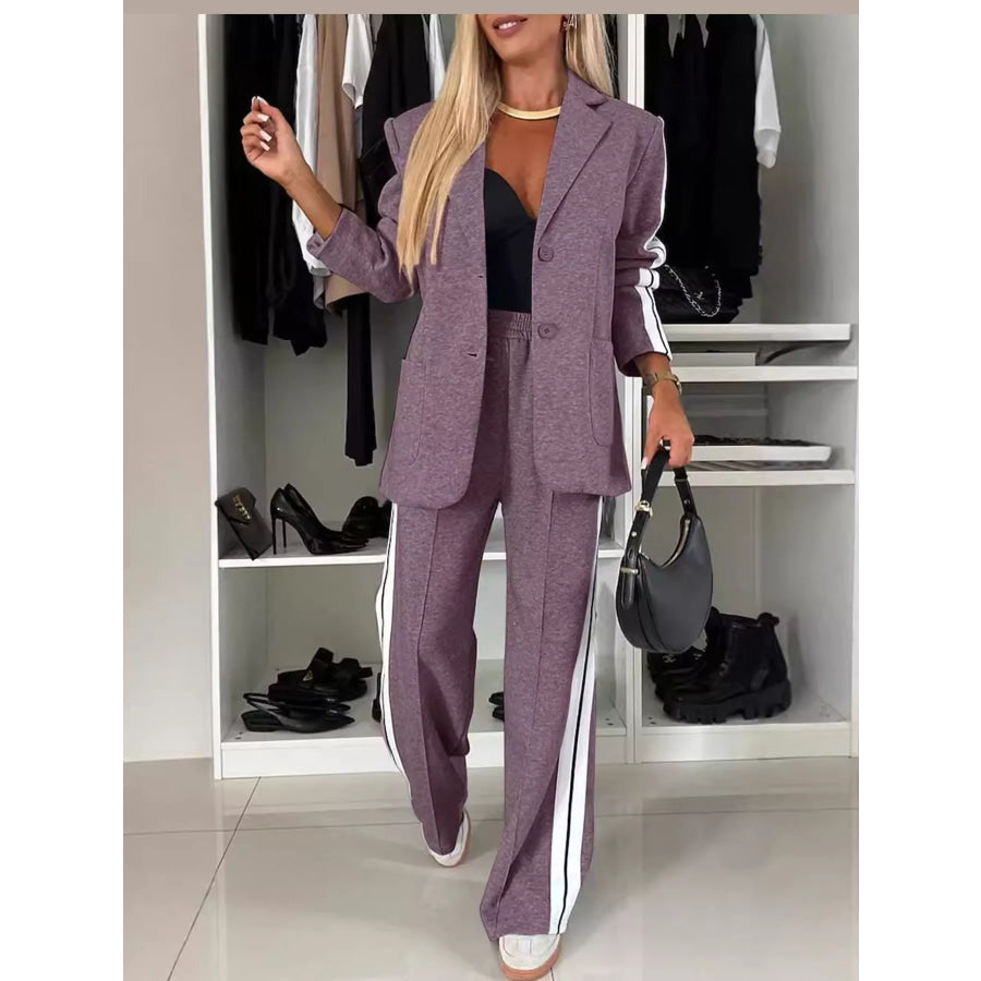 Full Size Blazer and Wide-Leg Trouser Set with Side Stripe Detail Plus Purple / S Apparel Accessories