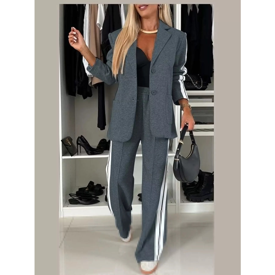 Full Size Blazer and Wide-Leg Trouser Set with Side Stripe Detail Plus Slate Gray / S Apparel Accessories