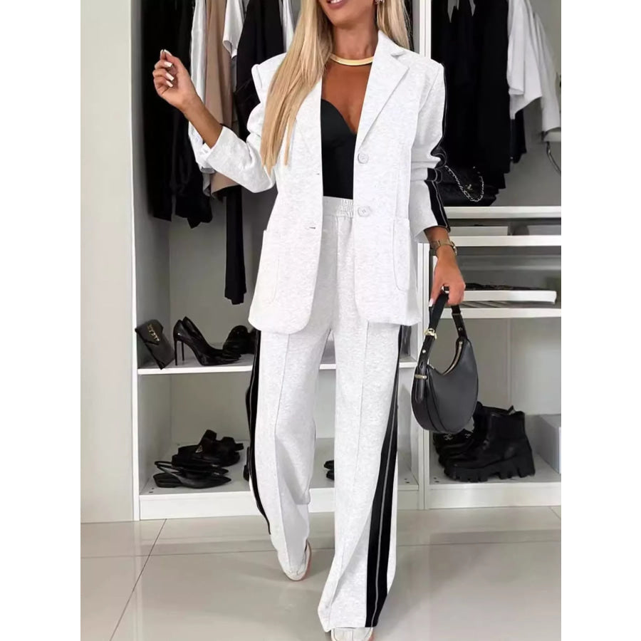 Full Size Blazer and Wide-Leg Trouser Set with Side Stripe Detail Plus White / S Apparel Accessories
