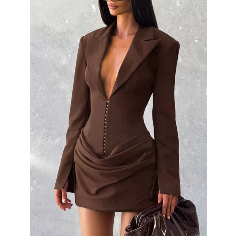 Full Size Blazer-Style Long Sleeve Mini Dress Plus Size Brown / S Apparel and Accessories