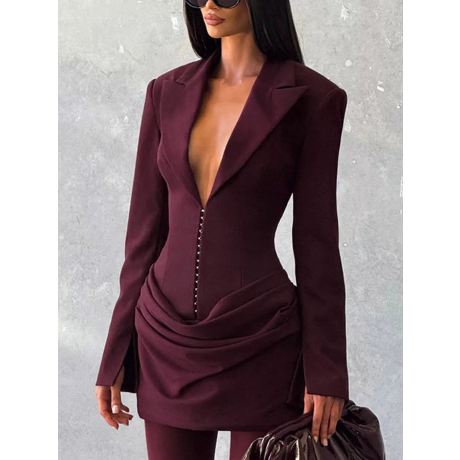 Full Size Blazer-Style Long Sleeve Mini Dress Plus Size Burgundy / S Apparel and Accessories