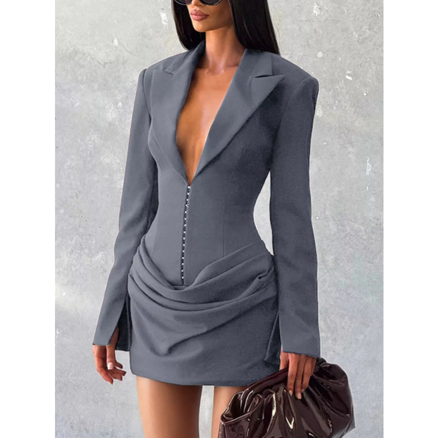 Full Size Blazer-Style Long Sleeve Mini Dress Plus Size Gray / S Apparel and Accessories