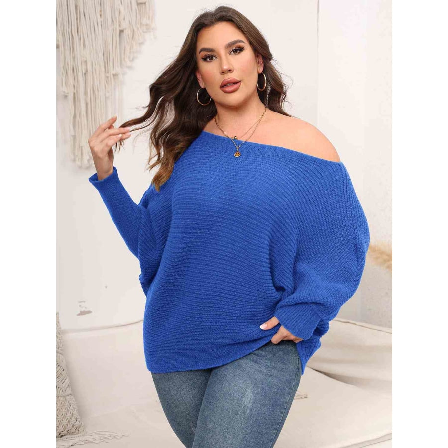 Full Size Boat Neck Batwing Sleeve Sweater Royal Blue / S