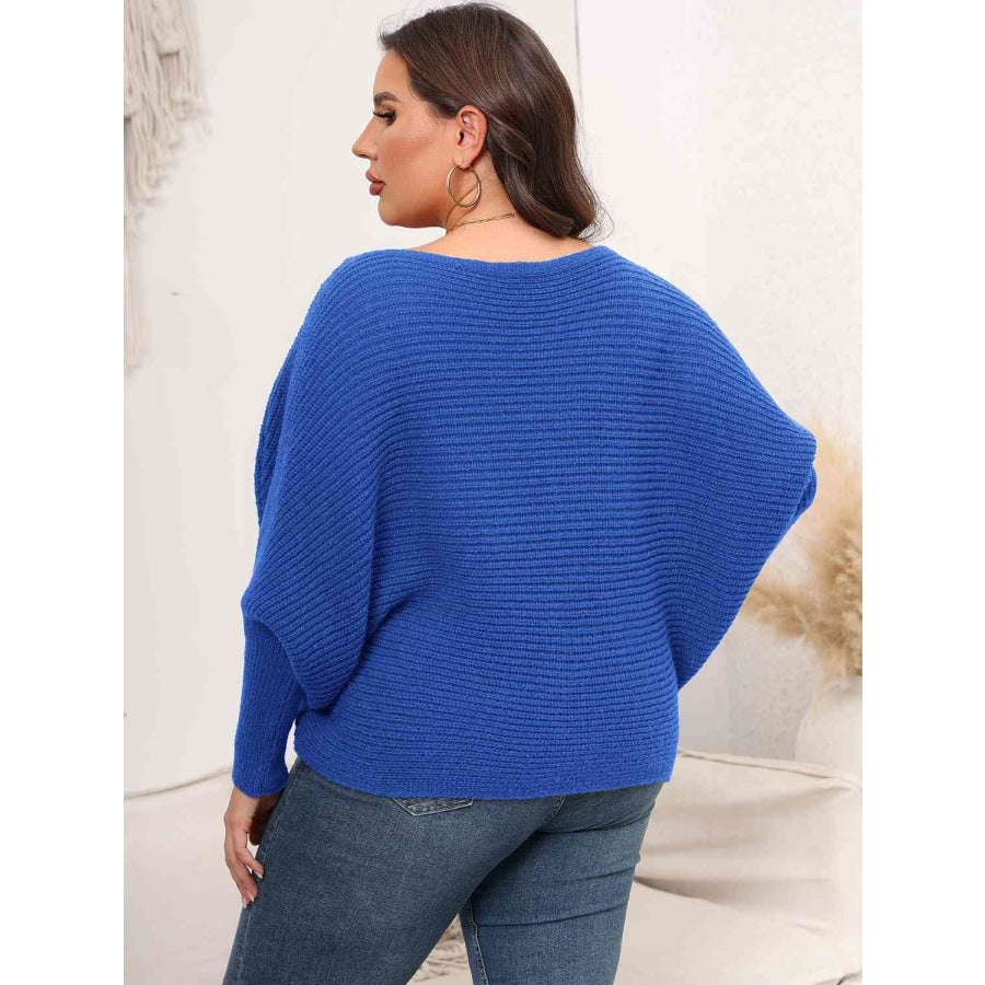 Full Size Boat Neck Batwing Sleeve Sweater Royal Blue / S