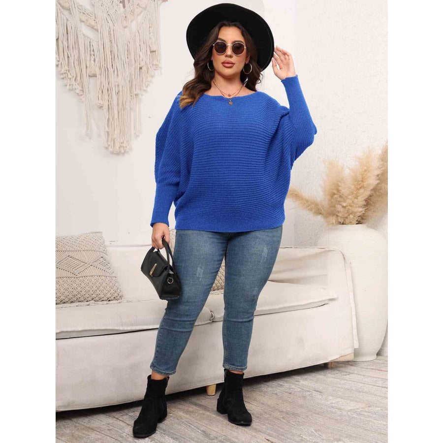 Full Size Boat Neck Batwing Sleeve Sweater