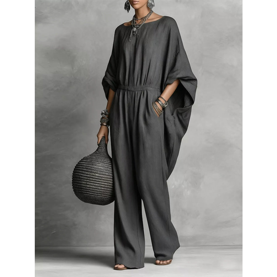 Full Size Boat Neck Batwing Sleeve Wide-Leg Jumpsuit Plus Size Apparel and Accessories