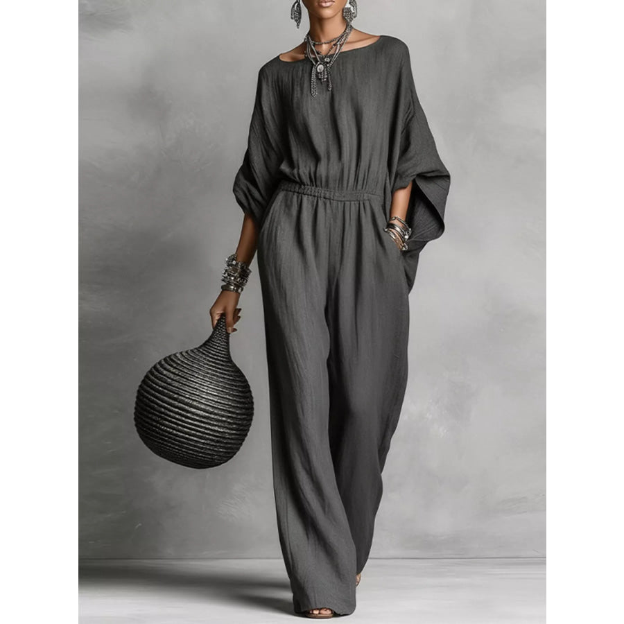 Full Size Boat Neck Batwing Sleeve Wide-Leg Jumpsuit Plus Size Apparel and Accessories