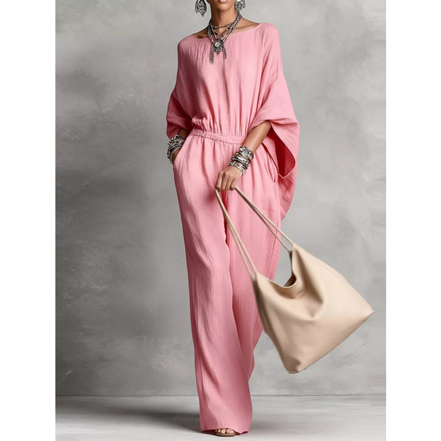 Full Size Boat Neck Batwing Sleeve Wide-Leg Jumpsuit Plus Size Apparel and Accessories