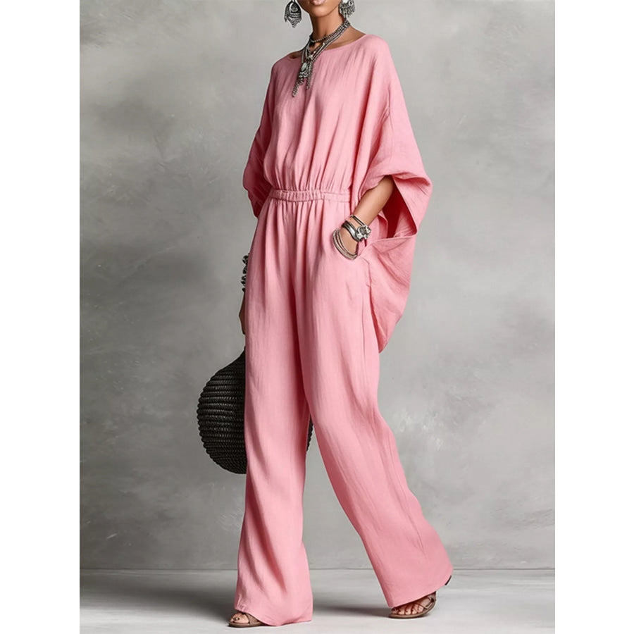 Full Size Boat Neck Batwing Sleeve Wide-Leg Jumpsuit Plus Size Apparel and Accessories