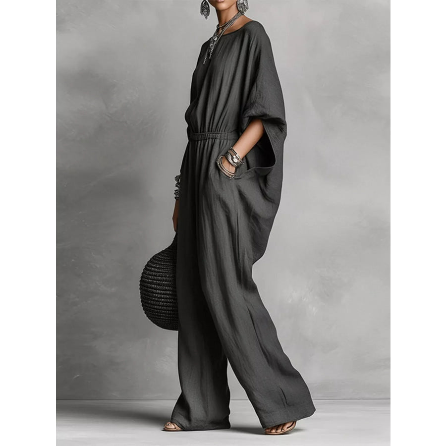 Full Size Boat Neck Batwing Sleeve Wide-Leg Jumpsuit Plus Size Apparel and Accessories
