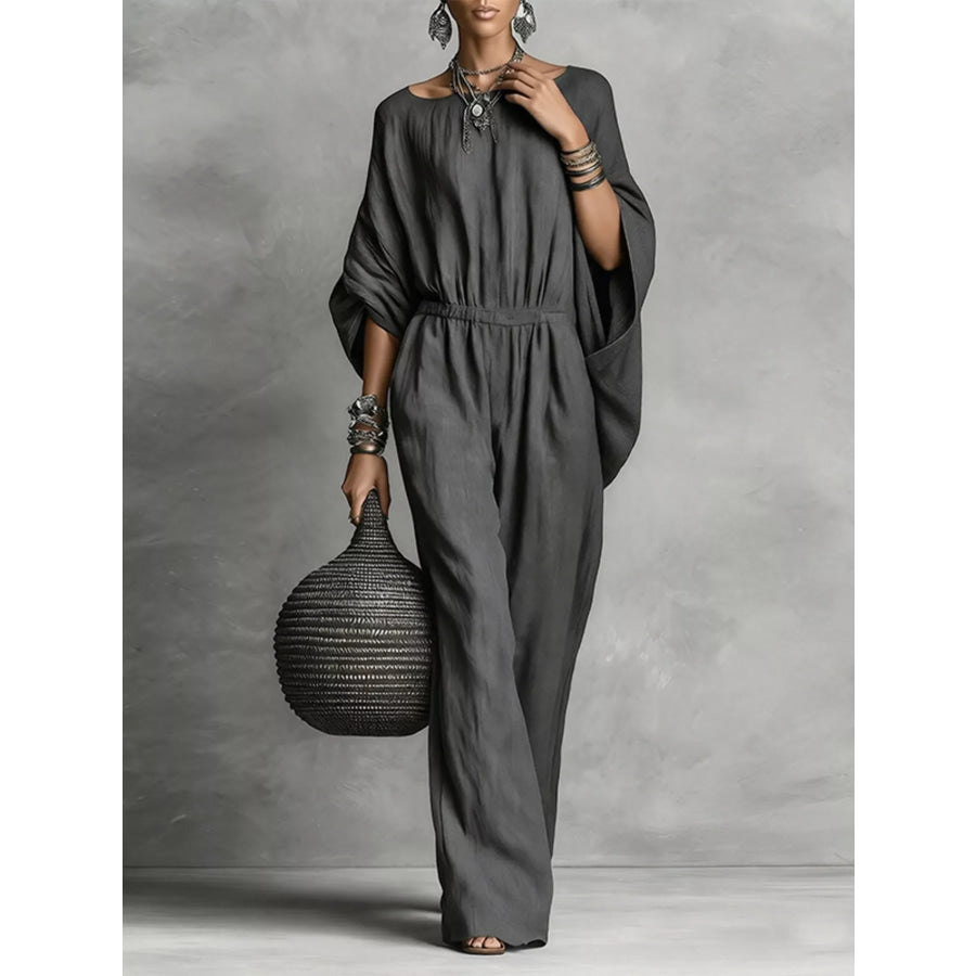 Full Size Boat Neck Batwing Sleeve Wide-Leg Jumpsuit Plus Size Dark Gray / S Apparel and Accessories