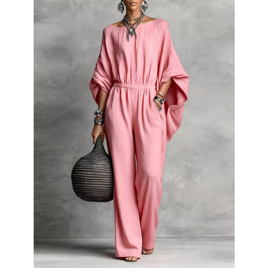 Full Size Boat Neck Batwing Sleeve Wide-Leg Jumpsuit Plus Size Pink / S Apparel and Accessories