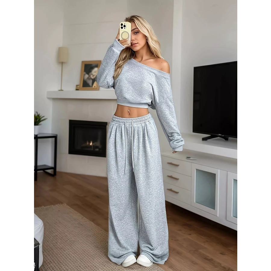 Full Size Boat Neck Crop Top & Wide Leg Pants Set Plus Size Apparel and Accessories