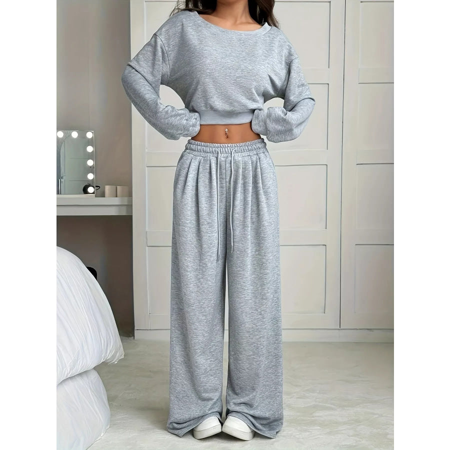 Full Size Boat Neck Crop Top & Wide Leg Pants Set Plus Size Apparel and Accessories