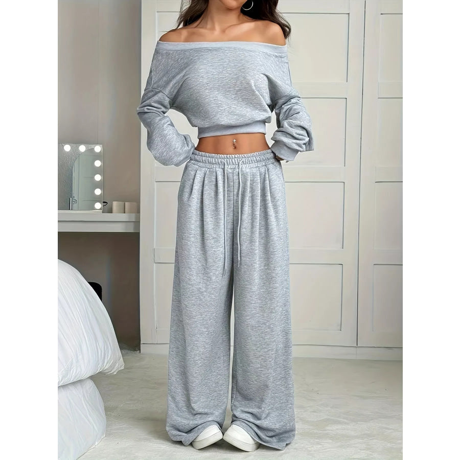 Full Size Boat Neck Crop Top & Wide Leg Pants Set Plus Size Apparel and Accessories
