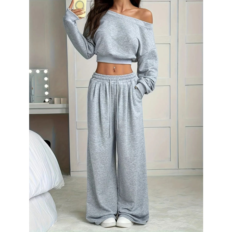 Full Size Boat Neck Crop Top & Wide Leg Pants Set Plus Size Apparel and Accessories