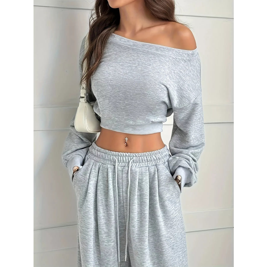 Full Size Boat Neck Crop Top & Wide Leg Pants Set Plus Size Gray / S Apparel and Accessories